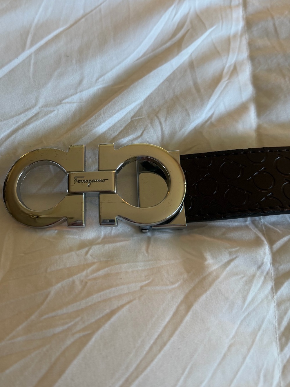 Salvatore Ferragamo Authentic Silver Gancini Buckle Brown Embossed Leather Belt